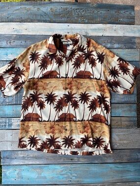 Tommy Bahama 100% Silk Brown and Beige Palm Print Camp Shirt